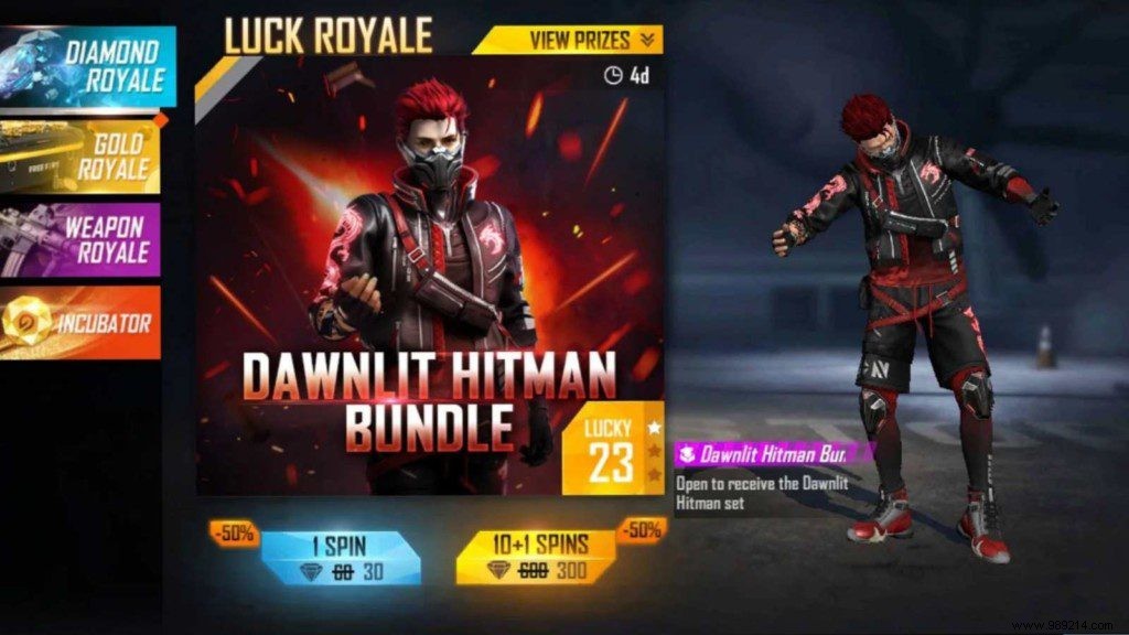 How to get Dawnlit Hitman Bundle for 50% off at Diamond Royale in Free Fire Max? 