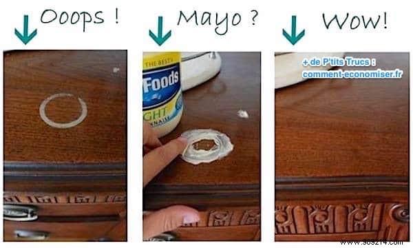 How to remove a water stain from wood with mayonnaise. 