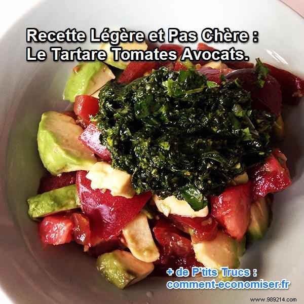 Light and Inexpensive Recipe:Tomato Avocado Tartare with Pesto. 
