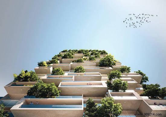 This Residential Tower of 117 Meters is the First Building Covered with Evergreen Trees. 