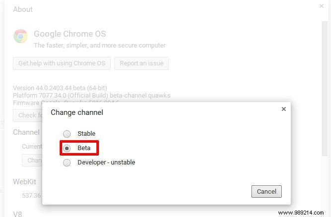 Change Chrome OS software channels to test new features 