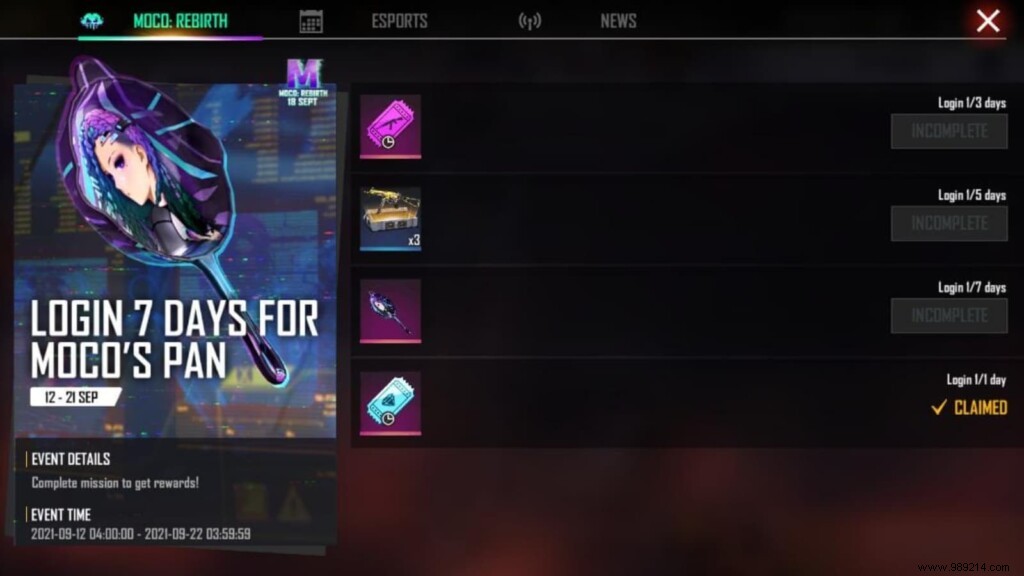 How to get Moco Pan in Free Fire Login Rewards? 