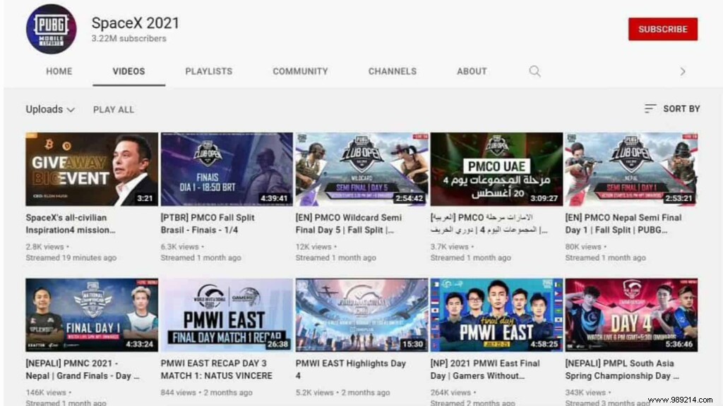 Official PUBG Mobile Esports youtube channel hacked, renamed SpaceX 2021 