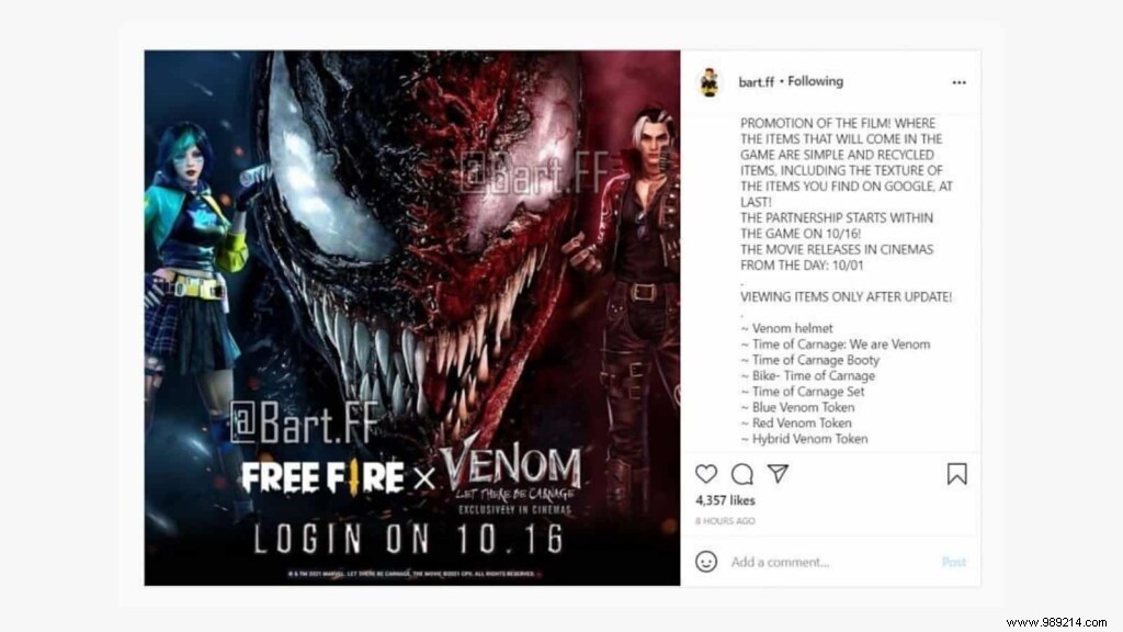 Garena teases the Free Fire x Venom 2 collaboration:here are its rewards 