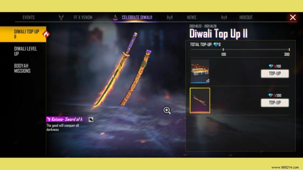 How to get Free Fire Diwali Sword of Honor (Katana) skins for free this week? 