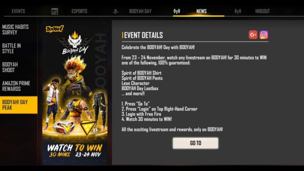 The free fire watch to be won on November 23 includes a Booyah-themed costume set! 