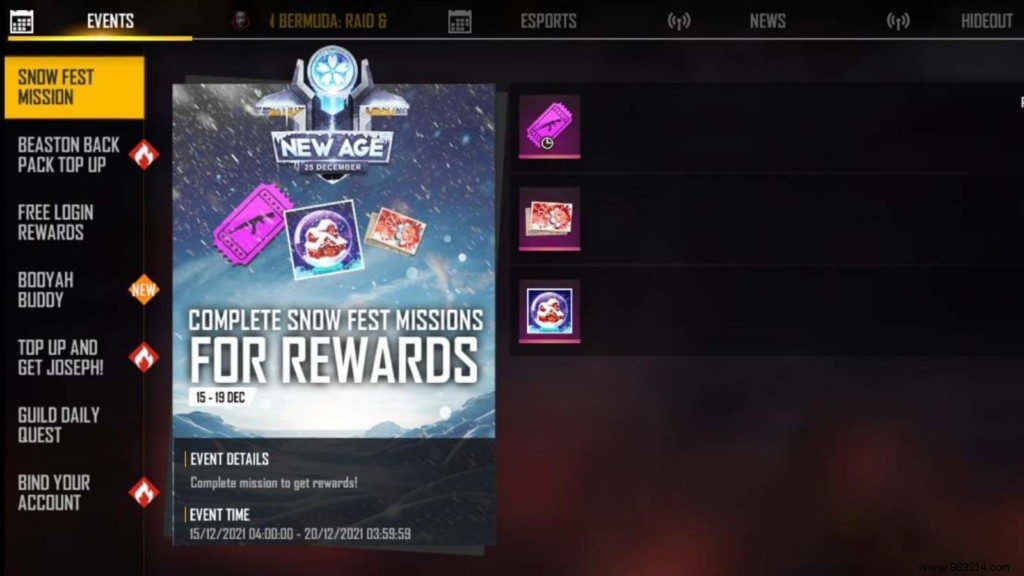 Free Fire Snow Fest Missions:Complete New Age missions to get rewards! 