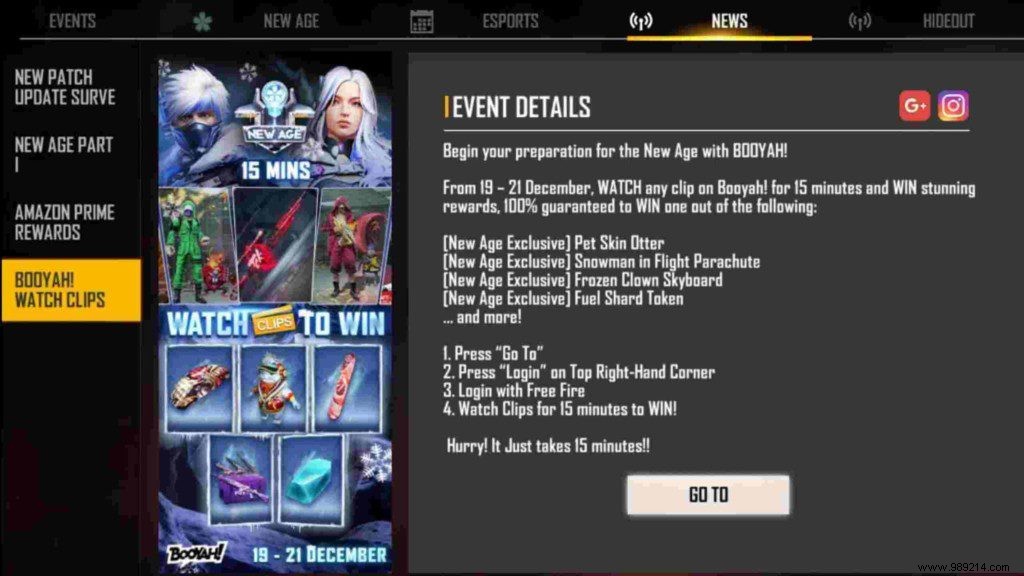 Free Fire Watch Clips to Win Event:Exclusive New Age Skins! 