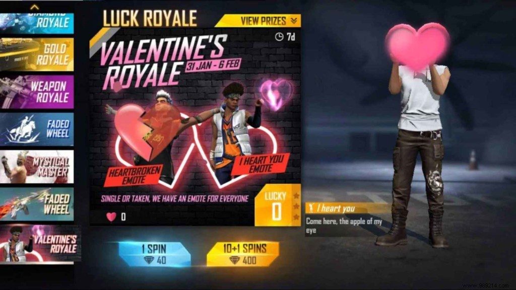 Free Fire Valentine Royale:Heartbroken Emote, I Heart You Emote and more 