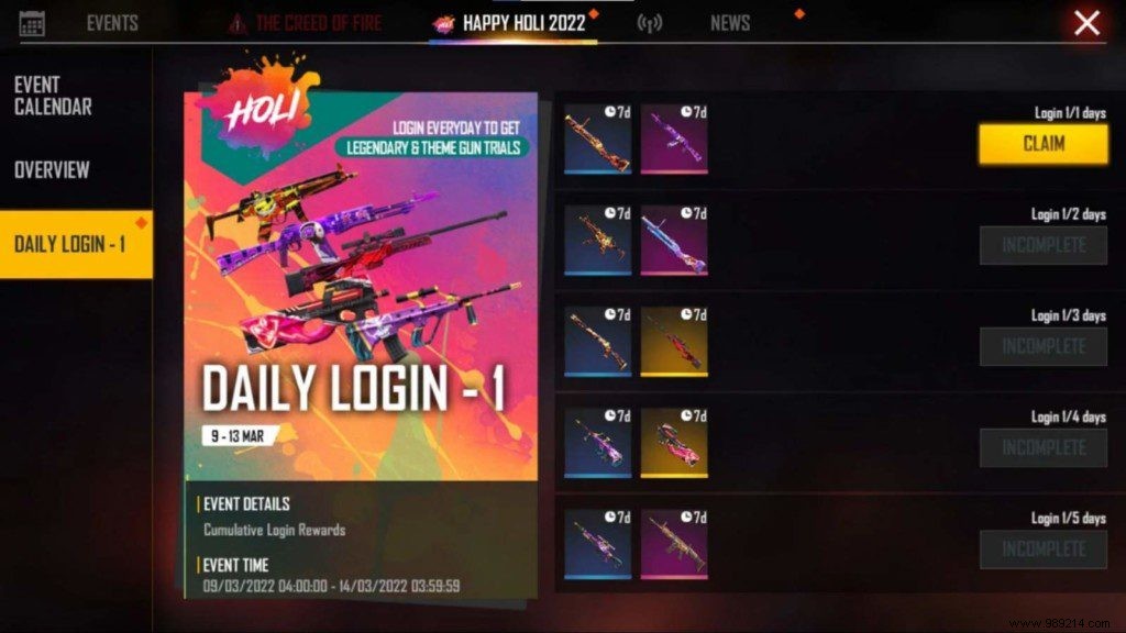 How to get legendary weapon skin for free in Free Fire MAX Holi login event? 