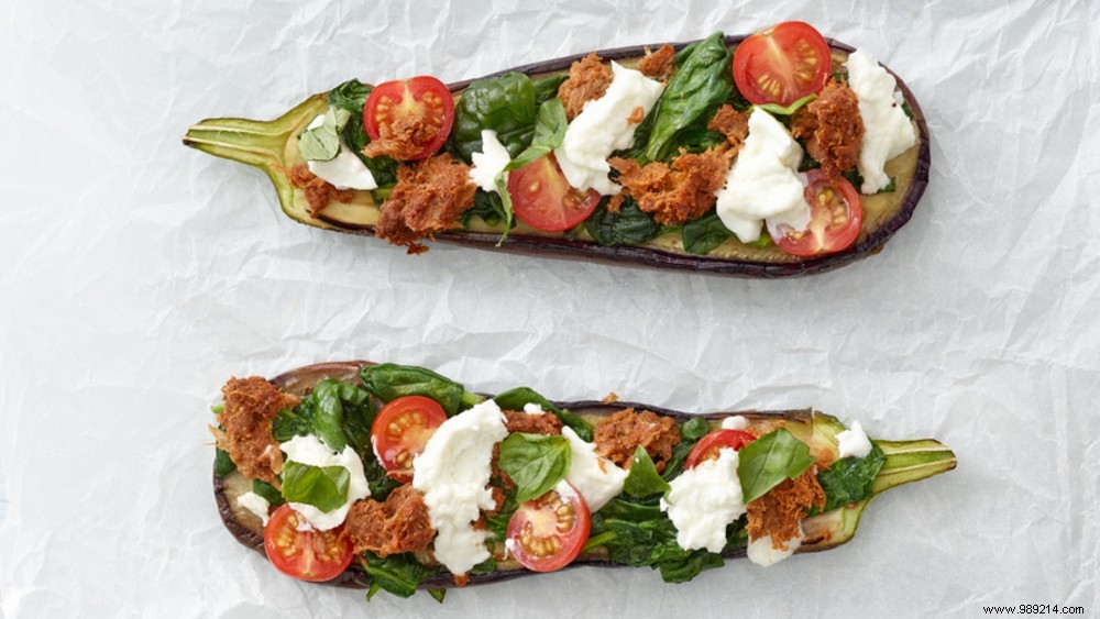 Recipe for aubergine boats with Pulled Oats 