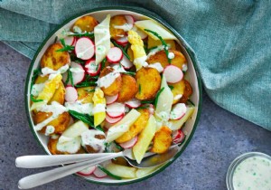 Recipe:white asparagus salad with small potatoes, radish, samphire and a fresh yogurt-chive dressing 