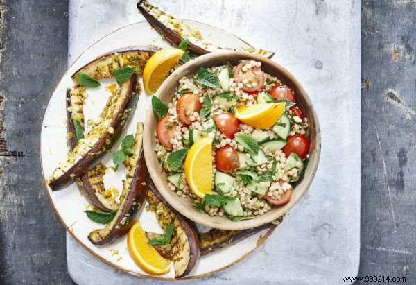 BBQ recipe:pearl couscous salad with orange and grilled aubergines 
