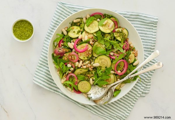 Recipe:zucchini salad with giant beans and pesto dressing 