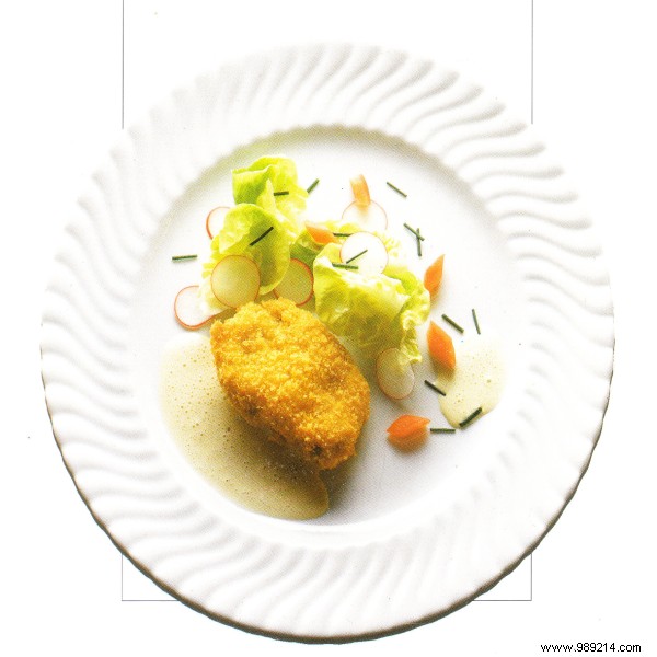 Cutlet breaded brains with lettuce and radishes 