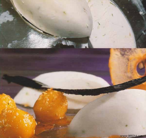 Lime yogurt mousse, saffron orange juice and grilled sesame quince balls 