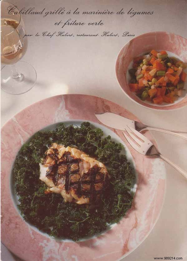 Grilled cod with vegetable marinière and green frying 