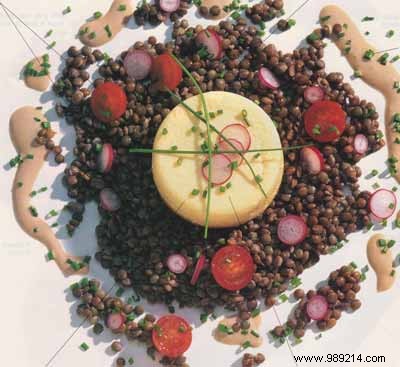 Haddock flan, lentil salad with pink radishes and cherry tomatoes 