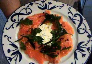 Fresh Raw Salmon Escalopes with Olive Oil, Ginger, Pink Peppercorns, Dill Cream & Guérande Salt