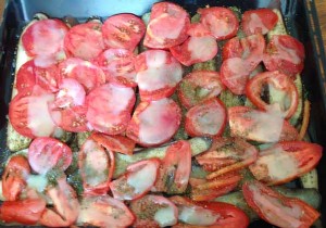 Eggplant and tomatoes confit in duck fat 