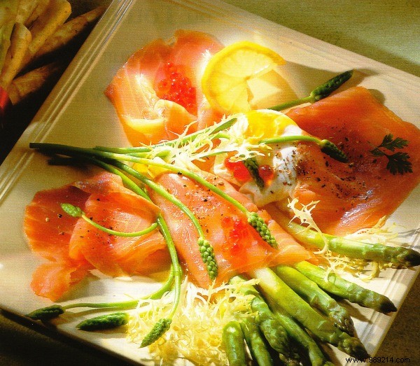 Plates of smoked salmon with green asparagus 