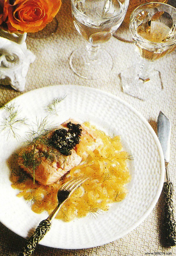 Salmon steaks with olive puree and fondant onions 