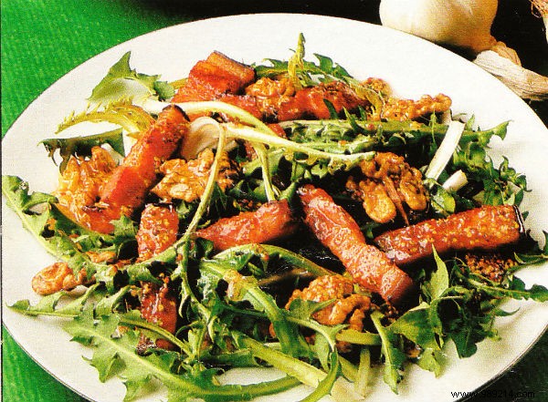 Den-de-lion salad with Meaux mustard, belly bacon 