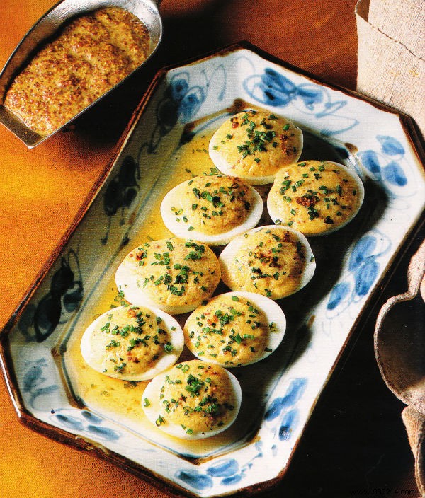 Eggs stuffed with Meaux mustard, minced fresh herbs 