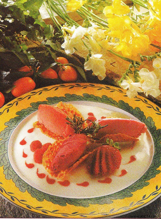 Crunchy almonds with raspberry sorbet 