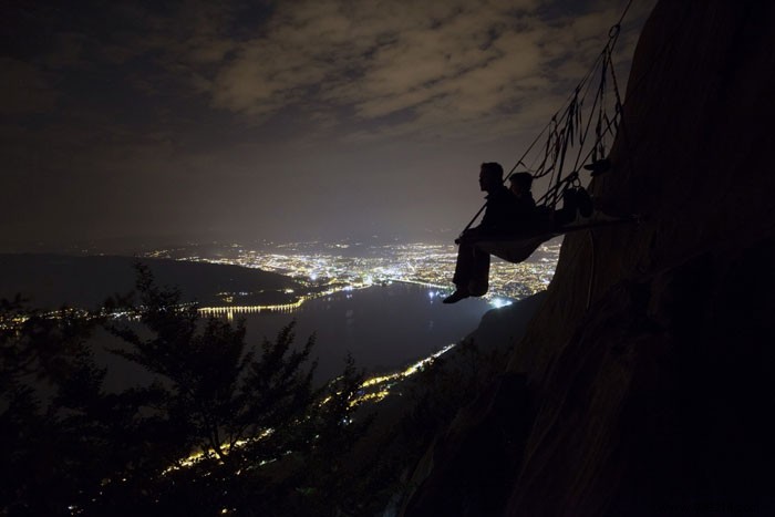 Unusual night on the cliffside above Lake Annecy 
