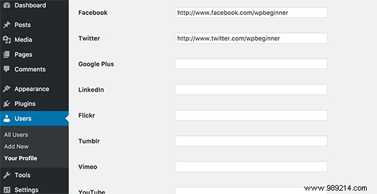 How to show the author s Twitter and Facebook on the profile page
