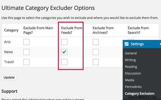 How to exclude specific categories from WordPress RSS Feed