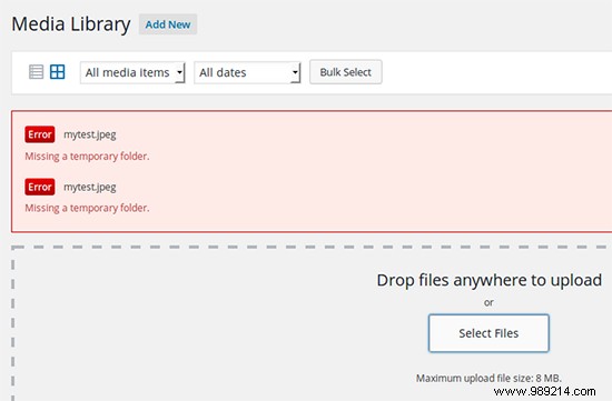 How to fix the error A temporary folder is missing in WordPress