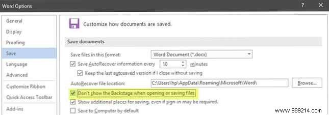 How to avoid Backstage view when saving files in Office 2016 
