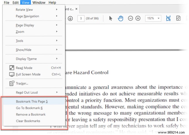 How to bookmark a page in a PDF document in Adobe Reader 