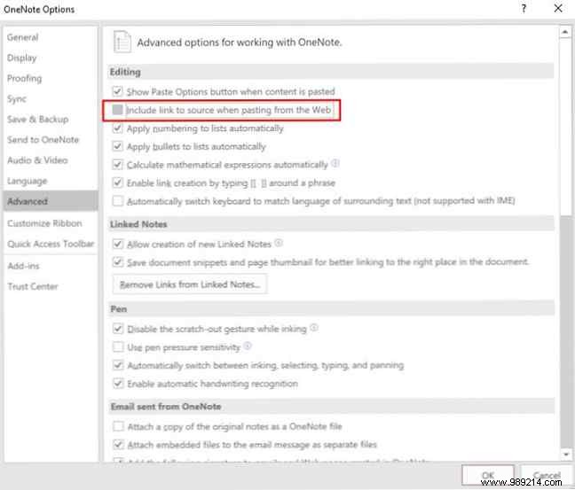 How to disable OneNote from pasting source links