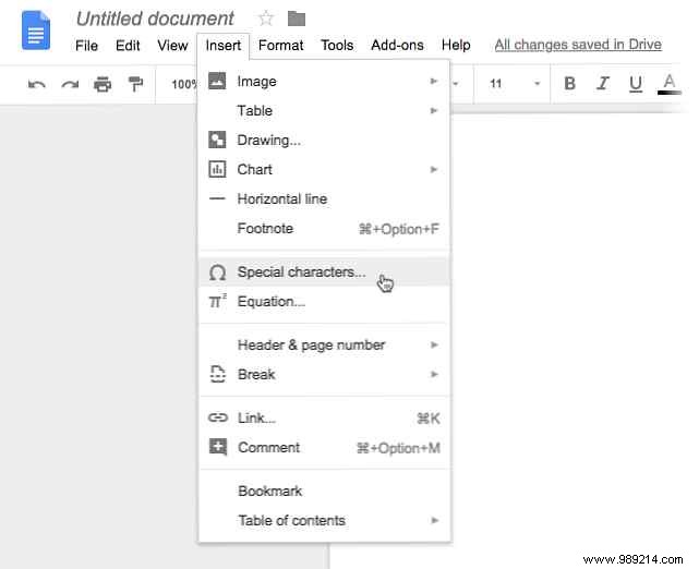 How to insert symbols and special characters in a Google spreadsheet