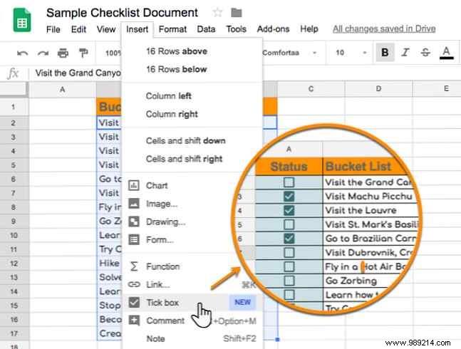 How to insert a checkbox in Google Sheets
