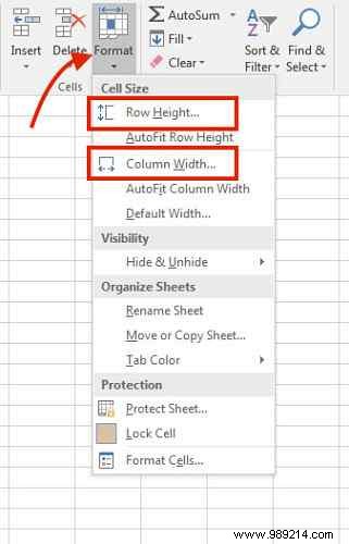 How to manually set column width and row height in Excel