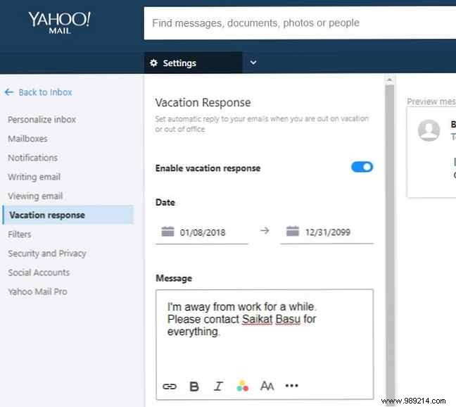 How to set up Out of Office replies in Yahoo mail