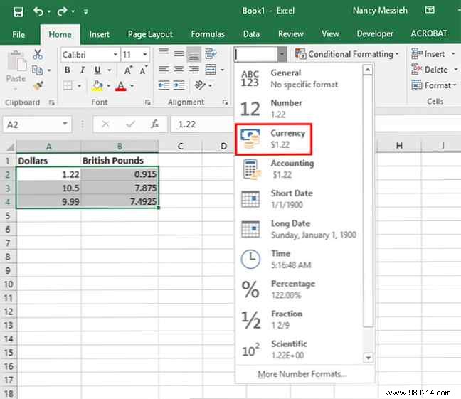 How to use different currency symbols in specific cells in Excel