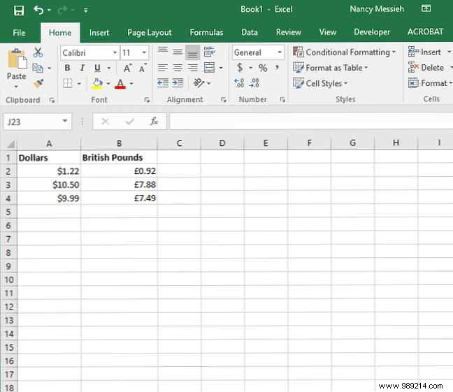 How to use different currency symbols in specific cells in Excel