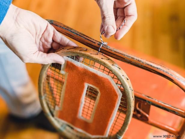 How to use vintage tennis rackets as varsity-themed chair cleats