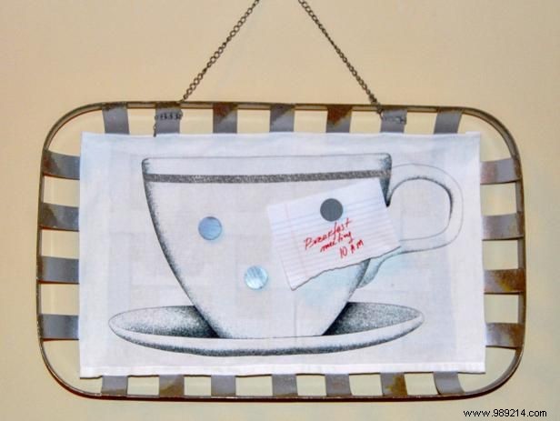 Create an easy message board using your favorite fabric and a metal basket